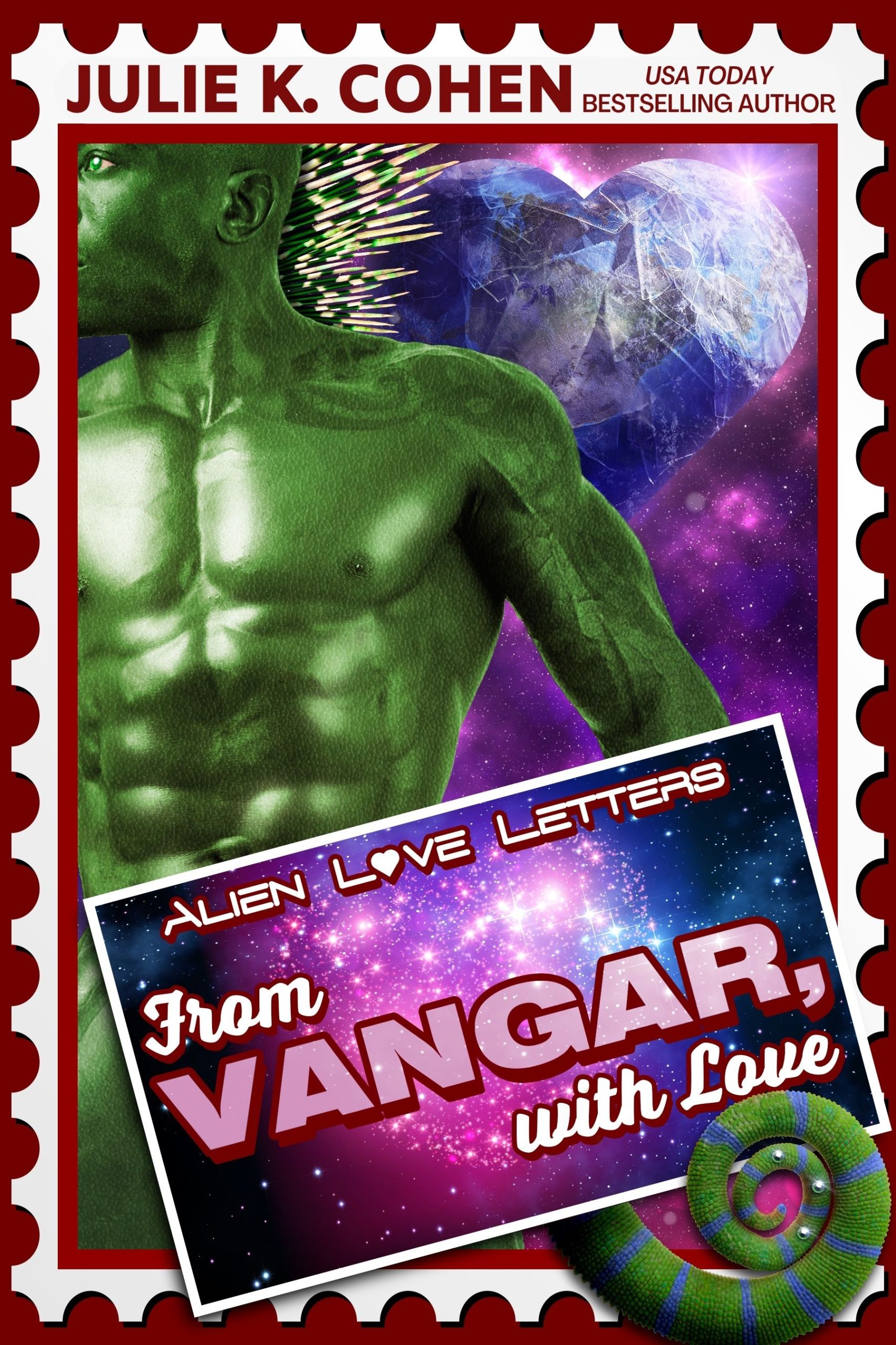 From Vangar With Love cover, green alien with spikes and tail with studs